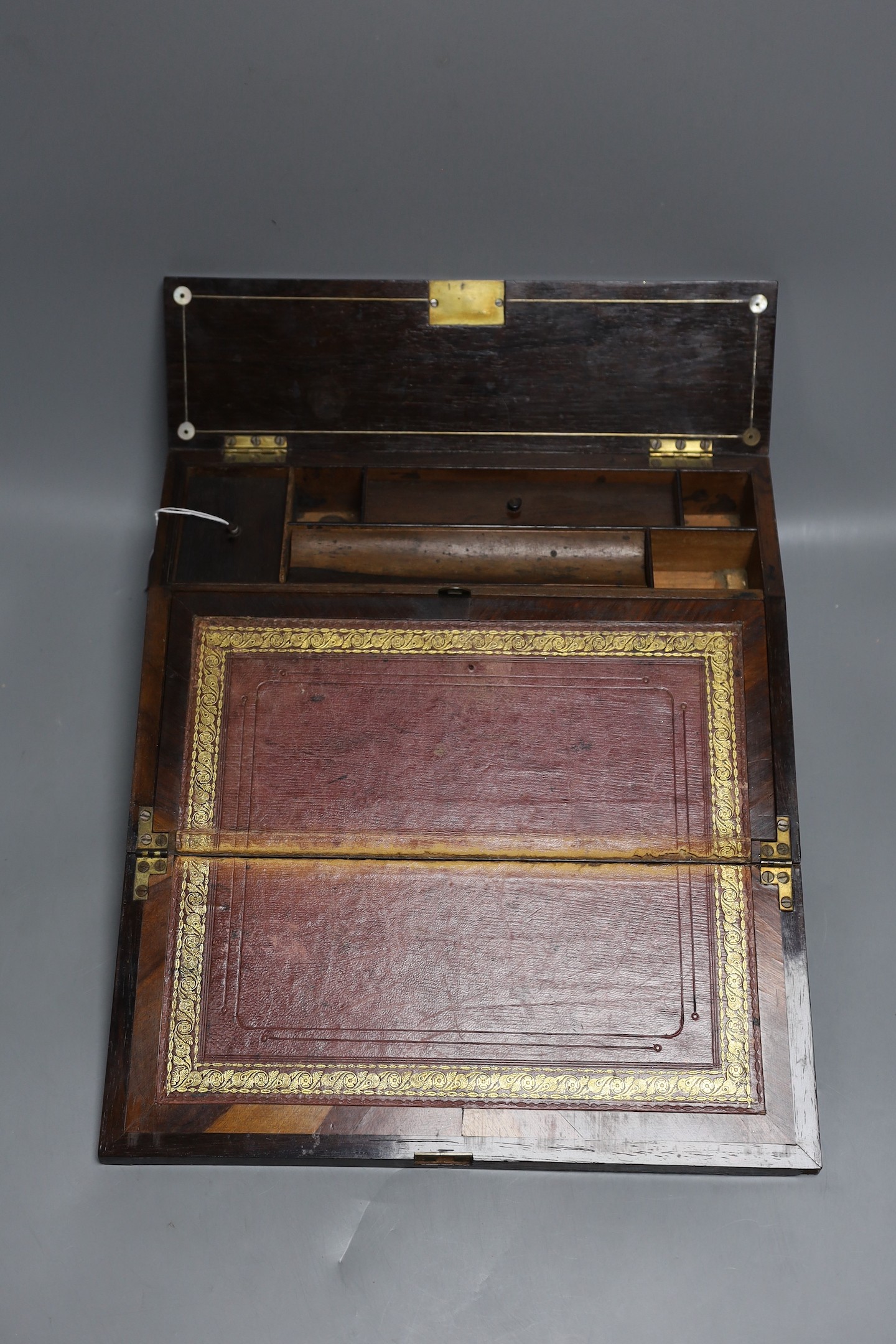 A Victorian mother of pearl inlaid rosewood writing slope, 35.5cm